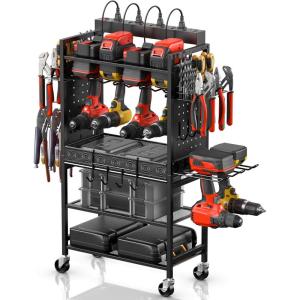 imageCCCEI Power Tool Organizer Cart with Charging Station Garage Floor Rolling Storage Cart on Wheels for Mechanic Mobile 6 Drill Tool Box Utility Cart with Battery Charging Power Strip BlackBlack