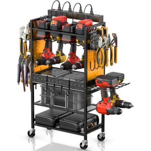 imageCCCEI Power Tool Organizer Cart with Charging Station Garage Floor Rolling Storage Cart on Wheels for Mechanic Mobile 6 Drill Tool Box Utility Cart with Battery Charging Power Strip BlackYellow
