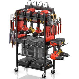 imageCCCEI Power Tool Organizer Cart with Charging Station Garage Floor Rolling Storage Cart on Wheels for Mechanic Mobile 6 Drill Tool Box Utility Cart with Battery Charging Power Strip BlackRed