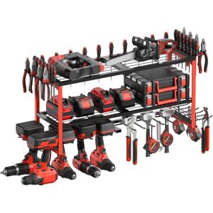 imageCCCEI Power Tool Organizer Wall Mount Large 3 Layer Garage Storage Shelves and Organization Heavy Duty Metal Drill Battery Tools Box Holder Rack Gifts for Men Red