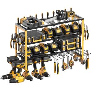 imageCCCEI Power Tool Organizer Wall Mount Large 4 Layer Garage Storage Shelves and Organization Heavy Duty Metal Drill Battery Tools Box Holder Rack Gifts for Men Yellow