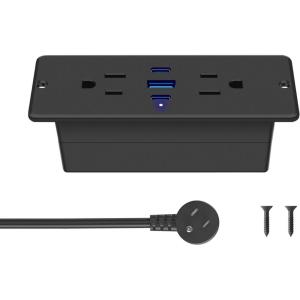 imageCCCEI Recessed Power Strip with Outlet and USB C Ports Furniture Flush Mount Power Strip Small Desk Hidden Outlet for Conference Table Nightstand Black 6FT65WUSBC
