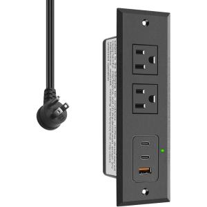imageCCCEI Recessed Power Strip with Two USBC Ports Fast Charging USB A Port Desk Outlet Black Furniture Hidden Charging Station for Side Table End Table with 6 FT 45 Degree Flat Plug Extension Cord20W USBC