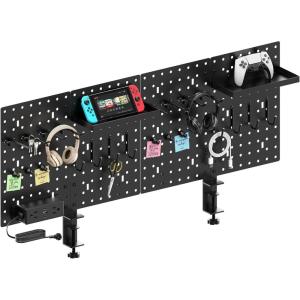 imageCCCEI Set Desk Organizer and Storage Pegboard with Charging Station Gaming Standing Office Supplies Shelf Accessorie Black Desktop Clamp Peg Board Privacy Organization Panel Gifts for Men 10FTBlack