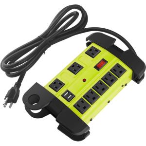 imageHeavy Duty Power Strip with USB Workshop 8 Outlet Surge Protector 2700 Joules Industrial Metal 15Amp Power Strip 6FT Extension Cord and Wide Spaced YellowGreen