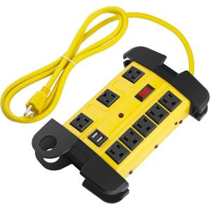 imageHeavy Duty Power Strip with USB Workshop 8 Outlet Surge Protector 2700 Joules Industrial Metal 15Amp Power Strip 6FT Extension Cord and Wide Spaced YellowYellow