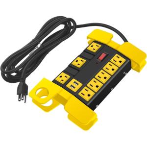 imageHeavy Duty Power Strip with USB Workshop 8 Outlet Surge Protector 2700 Joules Industrial Metal 15Amp Power Strip 6FT Extension Cord and Wide Spaced YellowBlack