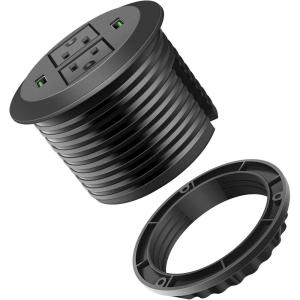 image3 inch Desk Power Grommet White USB Grommet with Green Port Desk Hole Round Grommet Outlets with 2 AC Outlets and 2 USB Ports 65FT Heavy Duty Power CordBlack