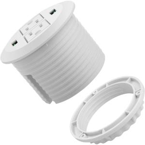 image3 inch Desk Power Grommet White USB Grommet with Green Port Desk Hole Round Grommet Outlets with 2 AC Outlets and 2 USB Ports 65FT Heavy Duty Power CordWhite