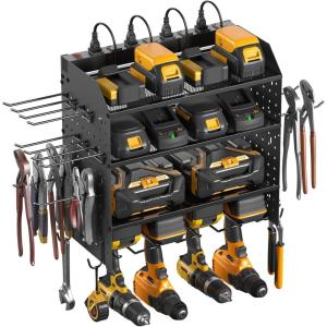 imageCCCEI Modular Power Tool Organizer with Charging Station 4 Layer Wall Mount Drills Holder Tool Battery Charger Organizer Garage Shop Storage Utility Shelf with 10FT Power Strip Gift for MenBlack