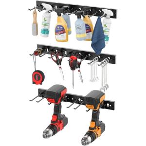 imageCCCEI 5 Modular Pegboard Strip Storage Metal Peg Slat Wall Mount for Garage Basement Garden Laundry Room Organization Flexible Tool Organizer for Rake Shovels Crafting Gifts for Men RedBlack