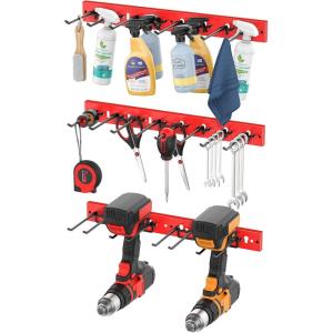 imageCCCEI 5 Modular Pegboard Strip Storage Metal Peg Slat Wall Mount for Garage Basement Garden Laundry Room Organization Flexible Tool Organizer for Rake Shovels Crafting Gifts for Men RedRed