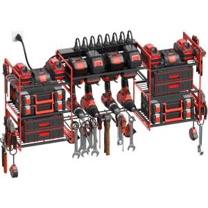 imageCCCEI Black Power Tool Organizer Wall Mount Large Tools and Battery Storage Rack Charging Station Individual Switches Drills Holder Garage Utility Shelves with 10FT Power Strip Gift for MenRed