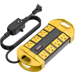 imageCCCEI GFCI Outdoor Power Strip Weatherproof with 8 AC Waterproof Extension Cord with Multiple Outlets Wall Mount Surge Protector Flat Plug Christmas Exterior Garden Yard 15FT GreenYellow