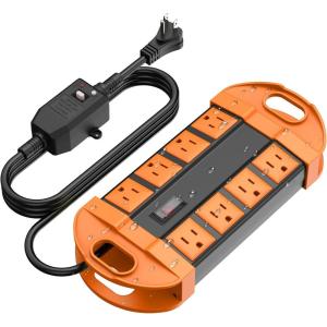 imageCCCEI GFCI Outdoor Power Strip Weatherproof with 8 AC Waterproof Extension Cord with Multiple Outlets Wall Mount Surge Protector Flat Plug Christmas Exterior Garden Yard 15FT GreenOrange