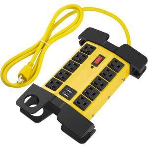 imageCCCEI Heavy Duty Power Strip with USB Ports Garage 10 Outlets Surge Protector 2700 Joules Industrial Workshop Metal 15Amp Multiple Outlets 5 FT Extension Cord and Wide Spaced GreyYellow