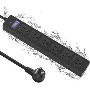 imageOutdoor Power Strip Waterproof with 5 Outlets Garden Weatherproof Surge Protector Christmas Multiple Outlet Exterior Socket for Lighting Appliances 5FT Extension Cord Strip with Flat Plug Black6 Outlets